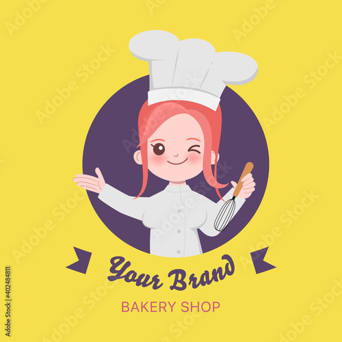 Woman cute chef is cooking character. Hand drawn vector illustration.