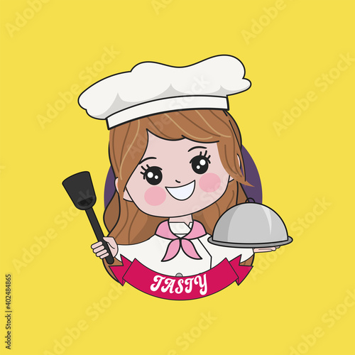 Woman cute chef is cooking character. Hand drawn vector illustration.