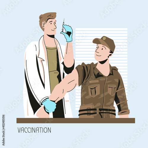 Doctor wearing face medical mask doing injection of virus vaccine to soldier patient