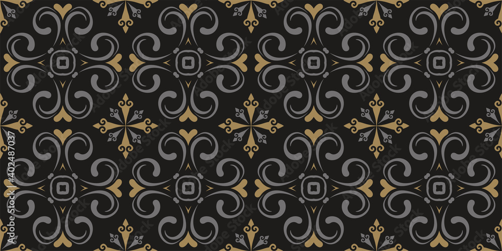 Decorative floral pattern in gold and gray colors on a black background. Seamless wallpaper texture