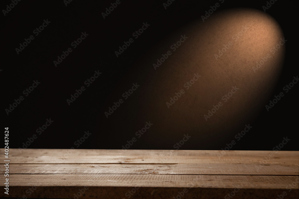 empty wooden table for groceries on dark background - obrazy, fototapety, plakaty 