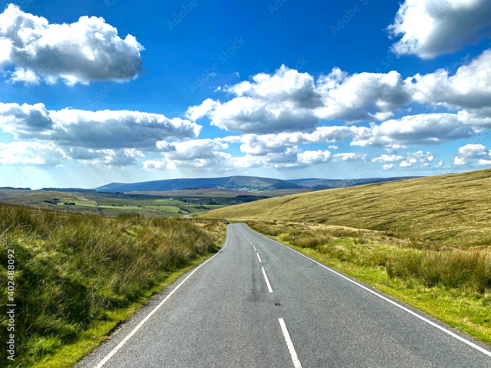 Looking along the, Slaidburn Road, with moorland and distant hills in, Newton, Clitheroe, UK