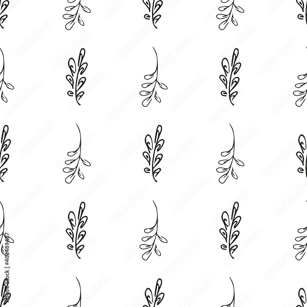 Obraz premium Doodle simple vector seamless pattern of hand-drawn leaves. Seamless pattern of hand-drawn branches. Big floral botanical set. Isolated on white background.