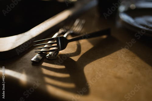 Forks with a large shadow sitting on counter next to sink, dirty dishes