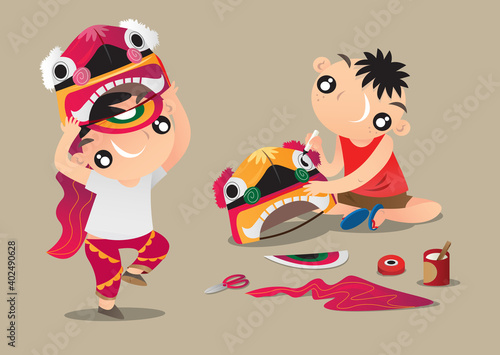 Two Hong Kong kids DIY their own props and practise Chinese lion dancing