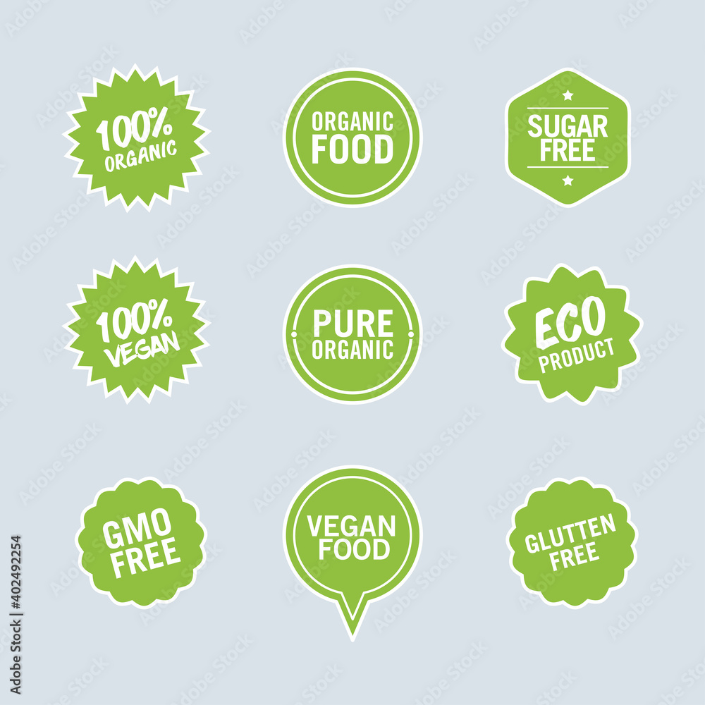 Collection of vector illustrations of organic food stickers. Suitable for design elements from healthy food packaging labels, vegetarian food stamp, and natural pure product information banner. Collection of vector illustrations of organic food stickers. Suitable for design elements from healthy food packaging labels, vegetarian food stamp, and natural pure product information banner.