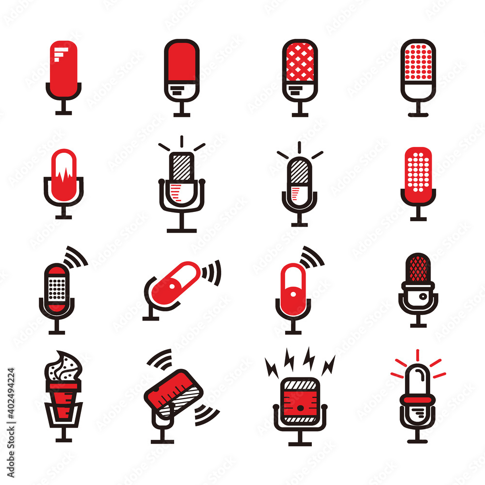 red, white and black microphone illustrations set - microphone set with lightning and connection sign for broadcast or podcast - red, white and black microphone illustrations set logo or icon isolated