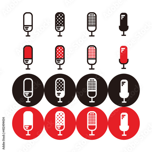 red, white and black square microphone icon and silhouette set - square microphone set with lightning and connection sign for broadcast or podcast - red, white and black square microphone logo or icon