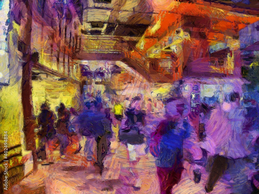 The landscape of the people in the mall Illustrations creates an impressionist style of painting.