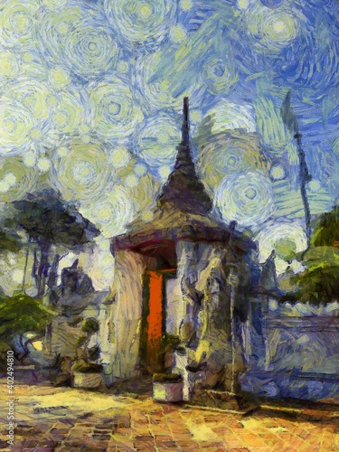 Landscape of Wat Pho in Bangkok Illustrations creates an impressionist style of painting.