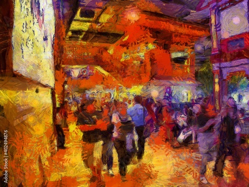 The landscape of the people in the mall Illustrations creates an impressionist style of painting. © Kittipong