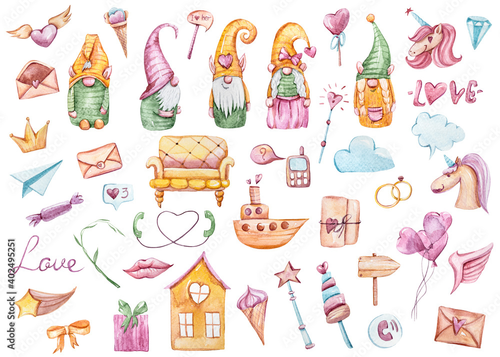 Watercolor Valentines day gnomes clipart. Cute lovely illustrations on white background-gnomes, wings, hearts, unicorns, lips,icecream, envelopes. Can be used for stickers, patterns, baby shower