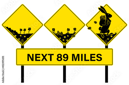 Easter rabbit crossing alert sign. A Easter bunny is hopping across 3 yellow highway traffic signs, while planting or hiding eggs. Signs on poles with mileage or distance. Concept for Easter holiday.