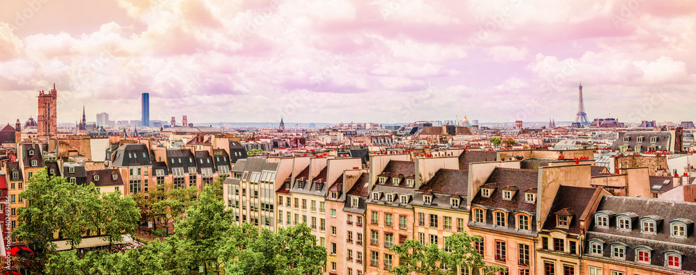 Panoramic view aerial skyline of Paris on city center. Landscape of Eiffel Tower, Sacre Coeur Basilica, churches and cathedrals architecture on streets Paris, France.