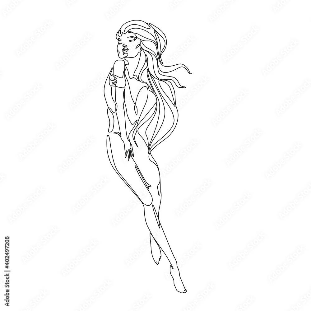 Woman abstract silhouette, continuous line drawing, small tattoo, print for clothes, emblem or logo design for spa or beauty salon, cosmetics, isolated vector illustration.