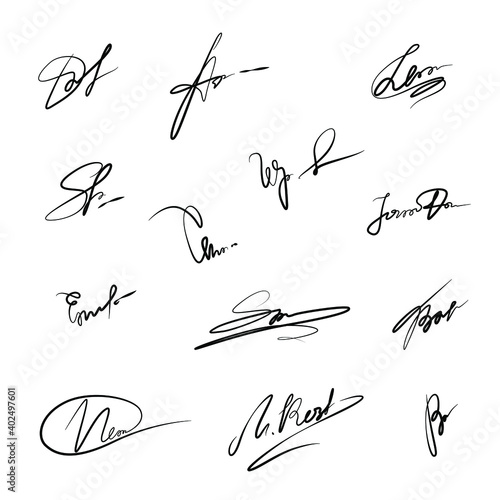 Personal signature, autographs set, one single line on a white background, continuous line drawing, hand drawn vector illustration. Collection of business contract signatures.
