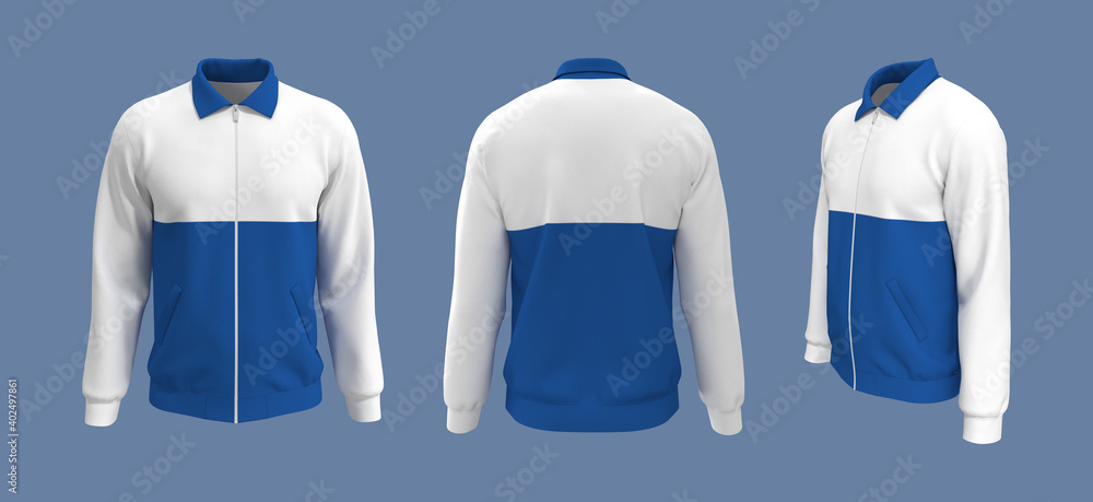Harrington colorblock jacket mockup front, side and back views, 3d illustration, 3d rendering Harrington colorblock jacket mockup front, side and back views, 3d illustration, 3d rendering
