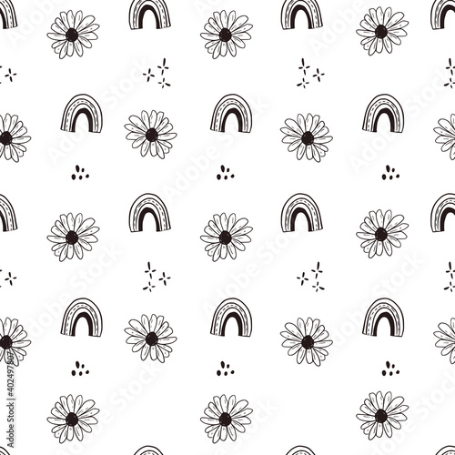 Rainbow and flower monochrome seamless pattern vector design illustration