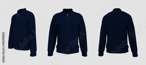 Harrington jacket mockup front, side and back views, 3d illustration, 3d rendering