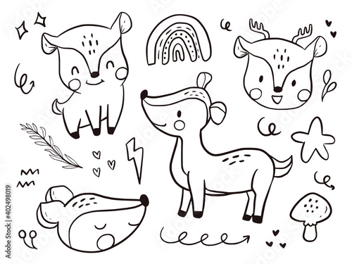 Set of cute deer doodle cartoon for kids coloring and print.