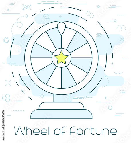 Flat line thin Wheel of fortune concept. White, blue background. Vector illustration 