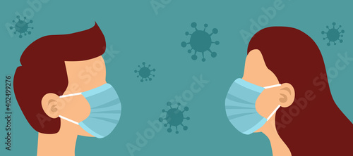 Man and woman wearing medical face mask around with virus cells. Close up shot girl and guy wearing Covid-19 coronavirus protective mask. Virus protection equipment.	