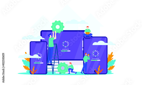 update software mini people work with upgrade system flat illustration