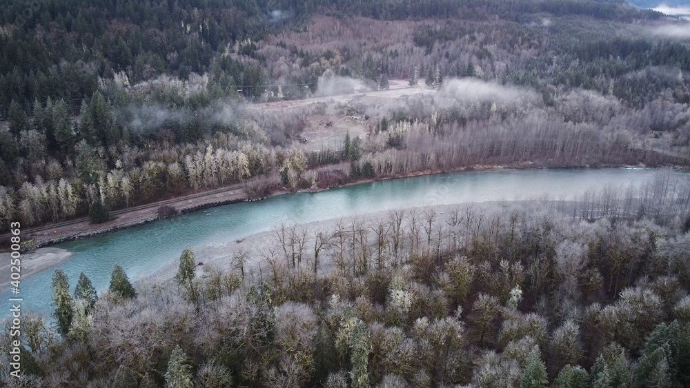 Aerial view captured by drone of the Skagit River in Washington State