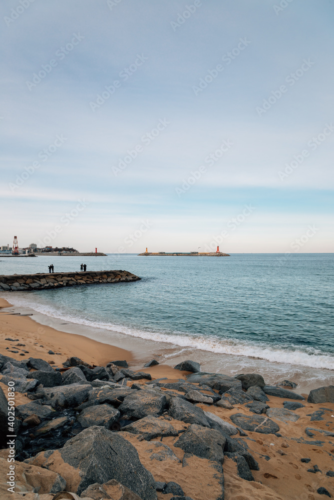 Yeongjin Beach and seawall in Gangneung, Korea