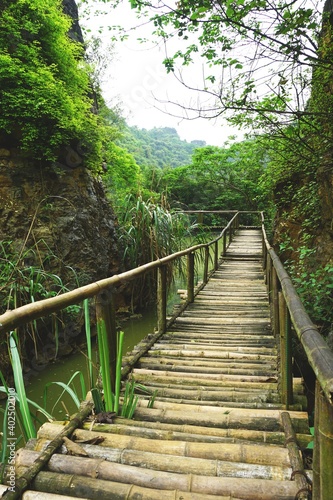 Rustic bamboo foot bridge in rural Vietnam