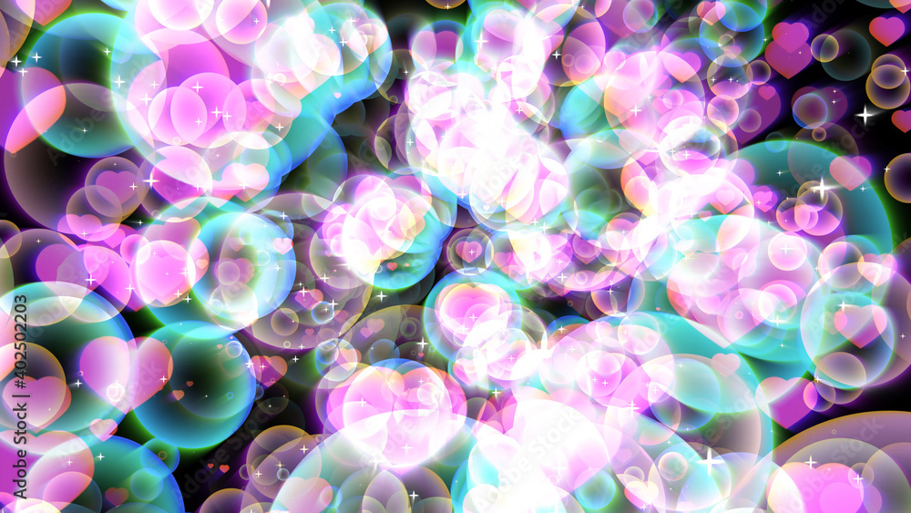 Fototapeta premium pink hearts aqua bubbles with dancing hearts floating on black screen
