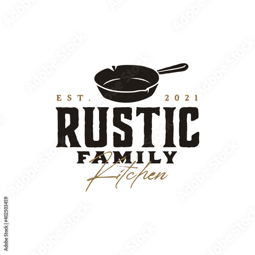Vintage Retro Rustic Old Skillet Cast Iron Pan for traditional cooking food classic restaurant kitchen logo design