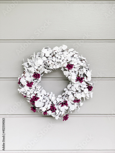 White Christmas Wreath on Gray Door