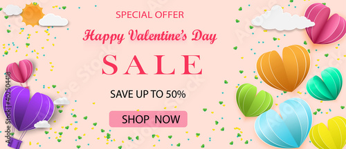 Love and Valentine's day sale with Paper art Origami made air balloon heart shape flying. shopping template or background for Valentine's day.gift boxes, advertising,Vector love and Sale concept.