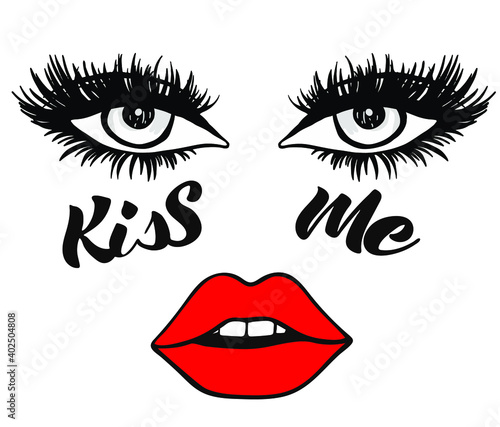 Beautiful woman face with red lips for Beauty Logo, sign, symbol. handwritten phrase Kiss Me Vector Decorative illustration for Valentine's Day. Fashion sayings.
