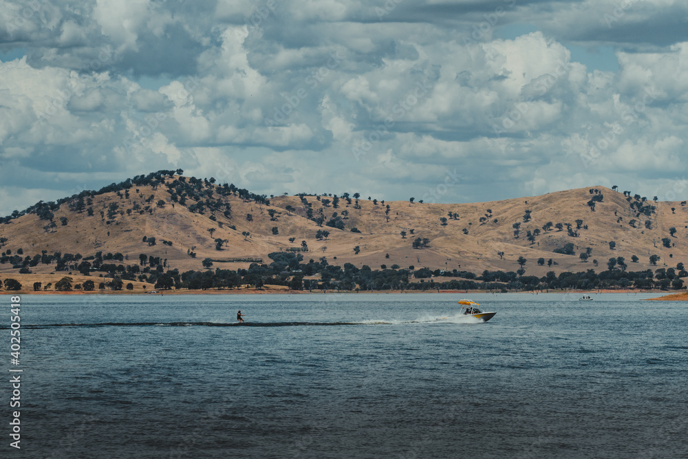 Wakeboarding on Lake Hume with beautiful mountain views in the background. Taken near Ebden, Victoria, near Albury and Wodonga.
