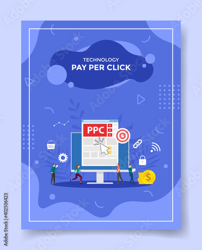 pay per click people front big computer ppc ui on display around coin dollar currency or template of banners, flyer, books cover, magazines with liquid shape style