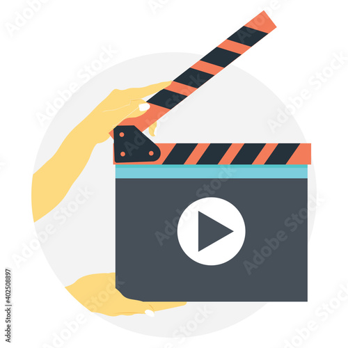 Flat movie clapboard symbol in director’s hands