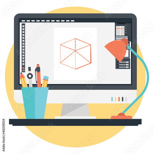 Illustration of design studio. Modern flat design creative studio workspace