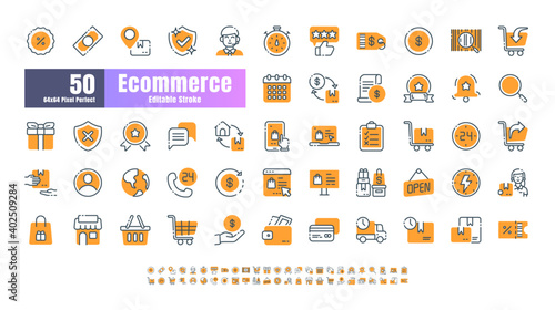 64x64 Pixel Perfect of Ecommerce Online Shopping Delivery. Filled Color Thin Line Outline Editable Stroke Icons Vector. for Website, Application, Printing, Document, Poster Design, etc.