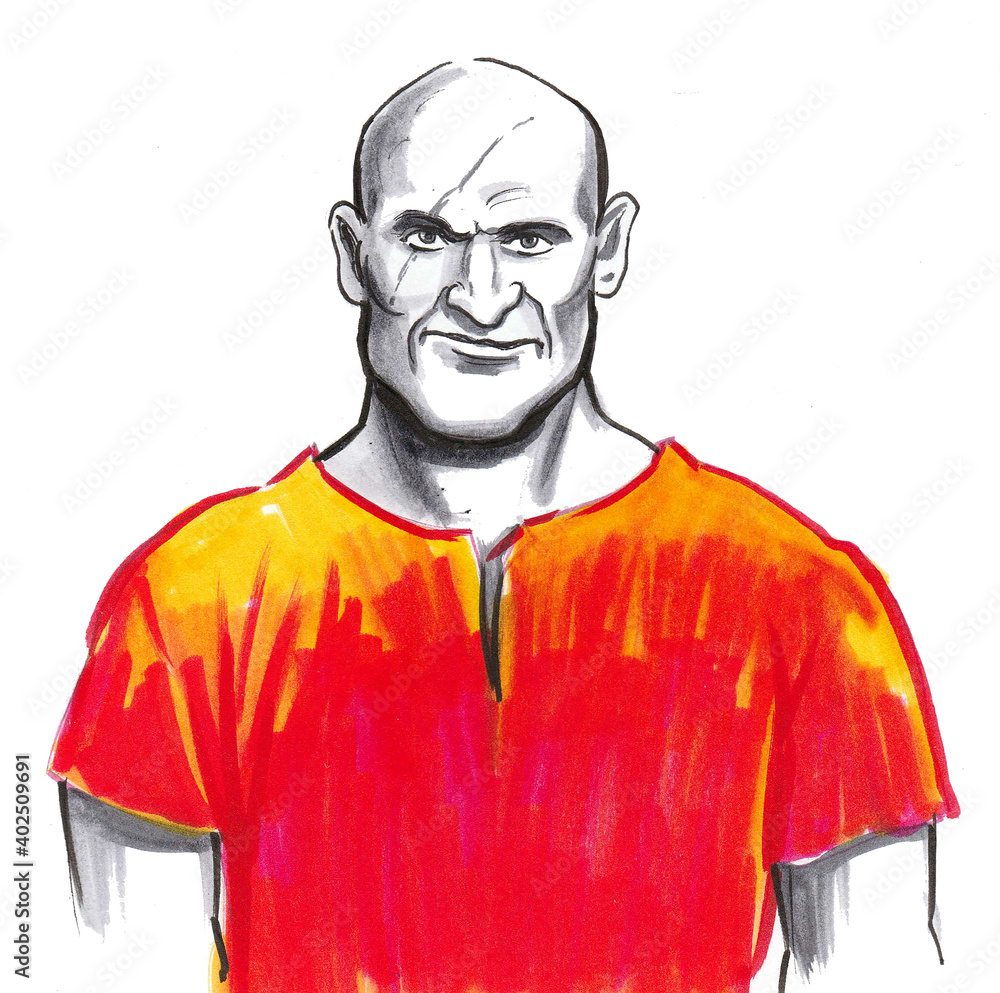 Fototapeta Szalony więzień w pomarańczowym garniturze. Rysunek tuszem i akwarelą