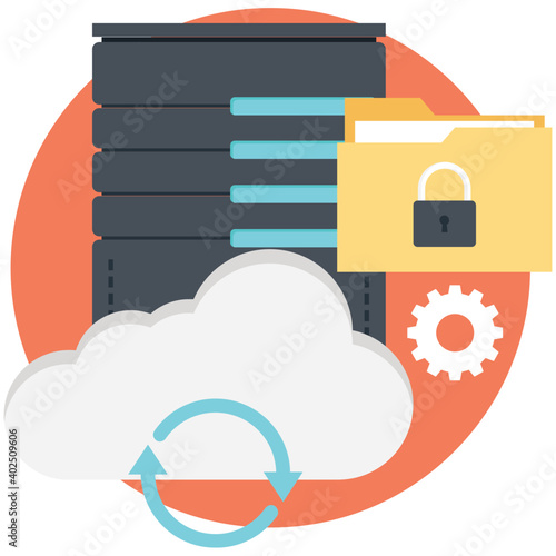 Sync file server to cloud, file server enablement, flat vector icon 