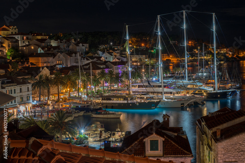  Croatia  Long exposure of the nightly raft up of super yachts in Hvar port from the balcony of our accommodation.