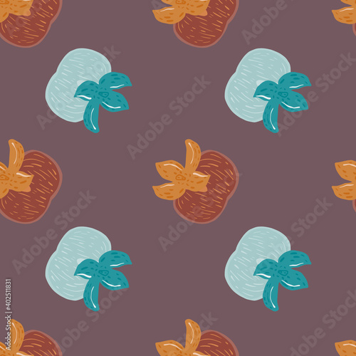 Decorative seamless pattern with vitamin persimmons blue and orange shapes. Pale purple background.