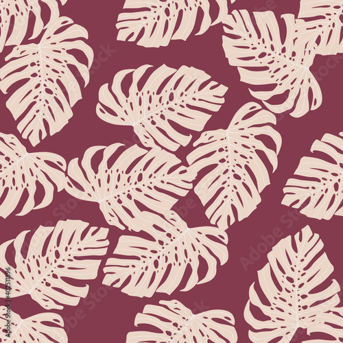 Botanic seamless random pattern with white monstera simple shapes and purple light background.
