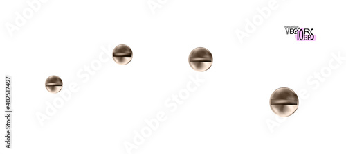 Flathead, slotted bolt heads. Set chrome screws caps, shiny metal. Twisted in surface screw isolated on white background. Top view macro of wide a hats metalwares. Vector illustration