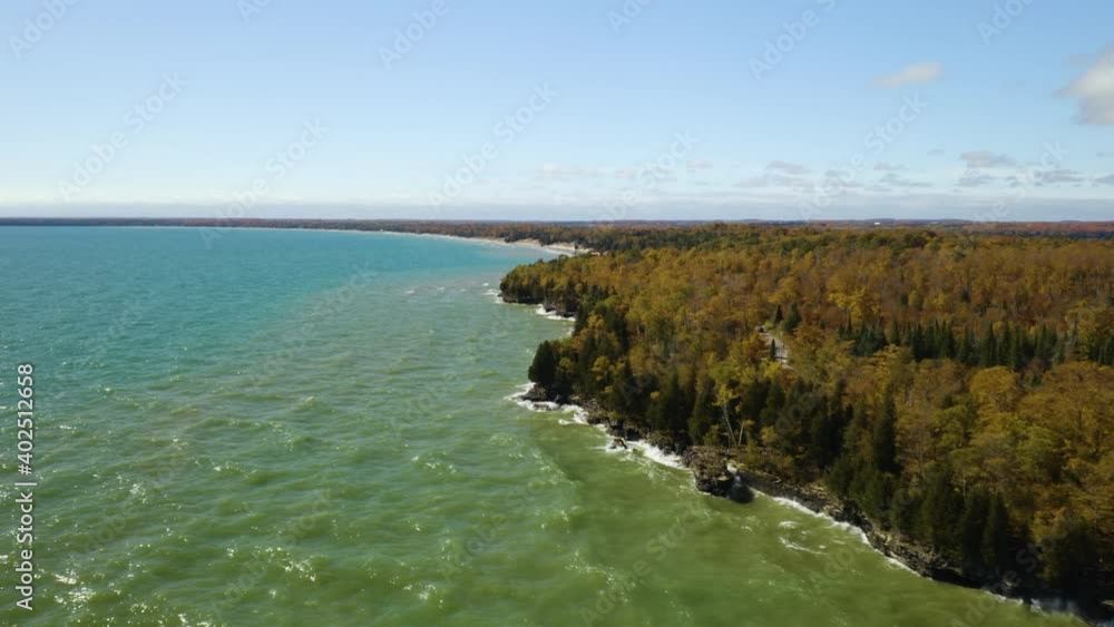 Aerial Perspective of Cave Point County Park, Door County, Wisconsin. Autumn. Aerial Perspective of Cave Point County Park, Door County, Wisconsin. Autumn.