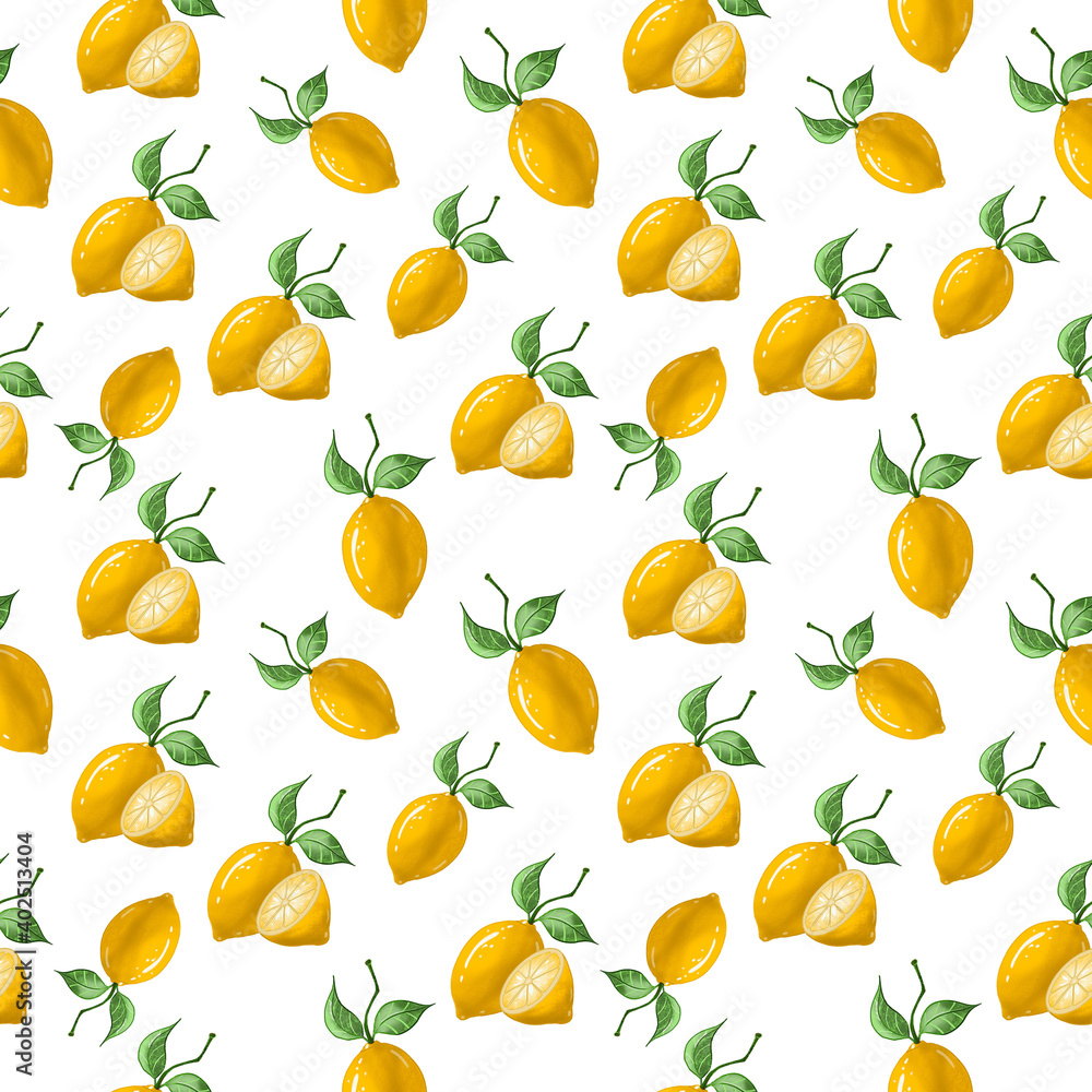 Seamless pattern, lemon with green leaves on a branch on a white background. Seamless pattern, lemon with green leaves on a branch on a white background.