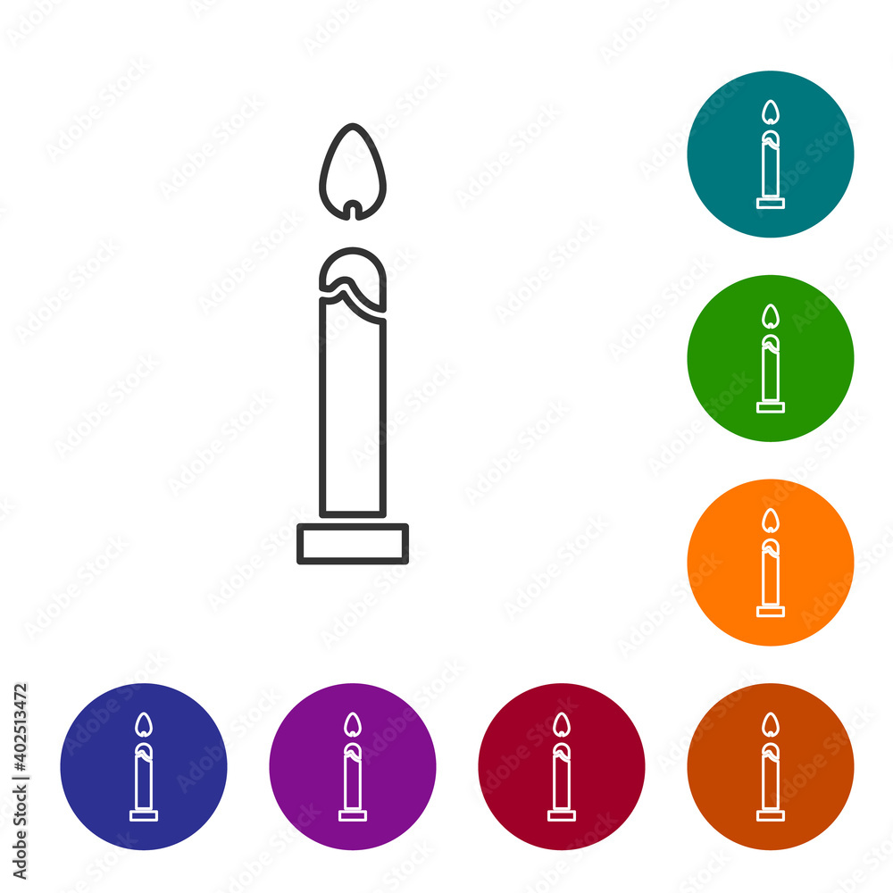 Black line Burning candle icon isolated on white background. Cylindrical candle stick with burning flame. Set icons in color circle buttons. Vector Illustration. Black line Burning candle icon isolated on white background. Cylindrical candle stick with burning flame. Set icons in color circle buttons. Vector Illustration.