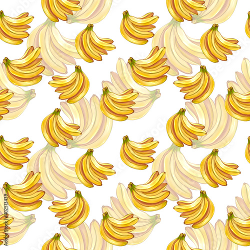 Banana seamless tropical pattern. Yellow tasty, juicy, brightly colored bananas.